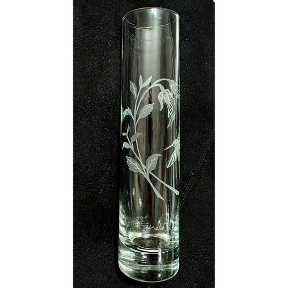 Etched Hummingbird Glass Bud Vase Flowers Signed Fitzgerald Birds Floral 7.5" - Picture 3 of 7